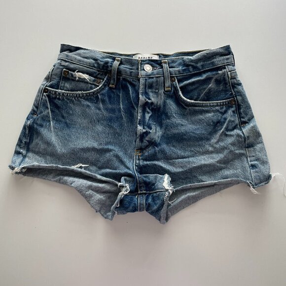 Agolde Raw Hem Denim Mid Rise Waist Button Fly Waist Parker Jean Shorts Blue 24 - Picture 2 of 8
